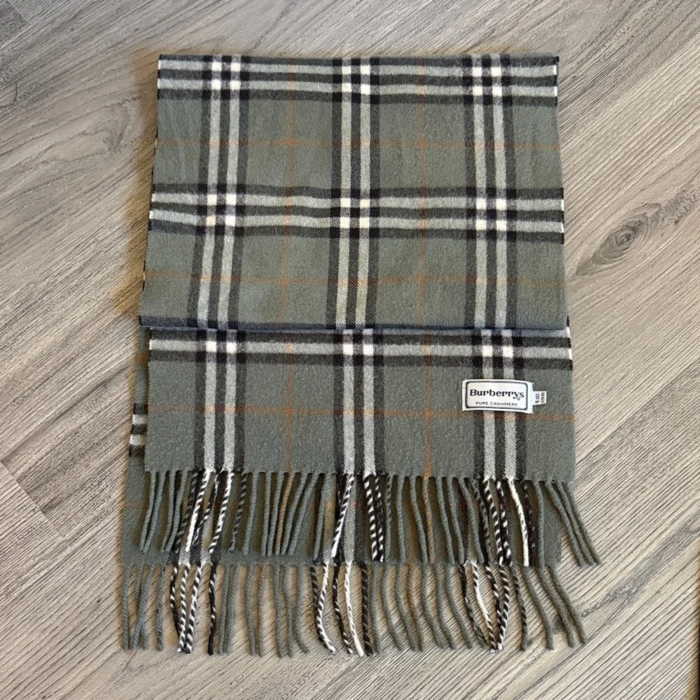 Vintage Burberrys light Olive and Orange Plaid Cashmere Scarf